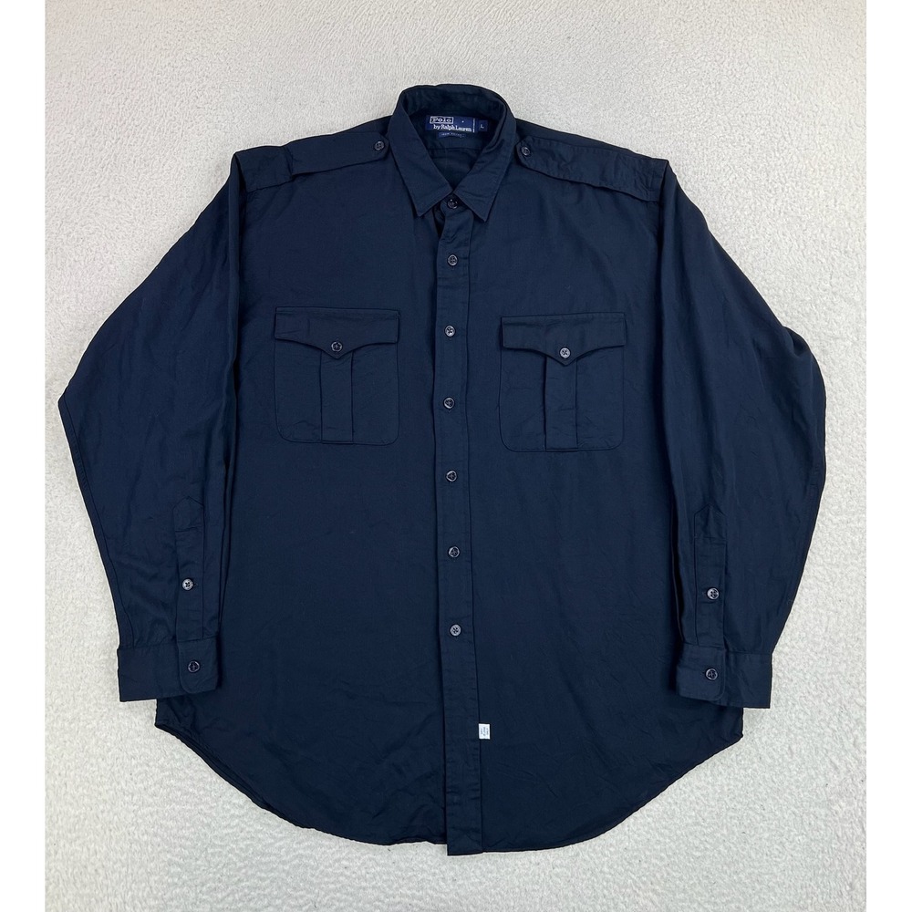 Vintage Polo Ralph Lauren Shirt Mens Large Blue Rayon Military Pockets Epaulet
